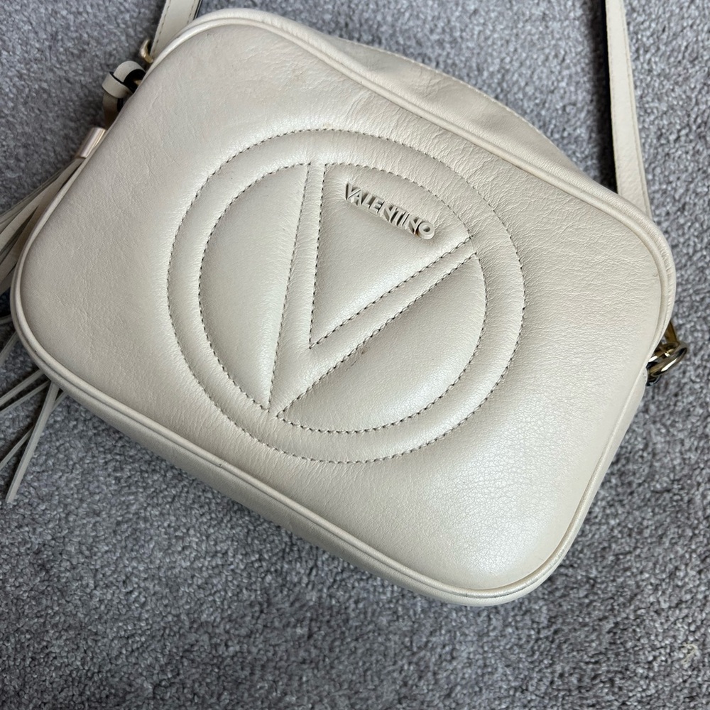 Valentino Cream Leather Crossbody Bag with Quilted V Logo